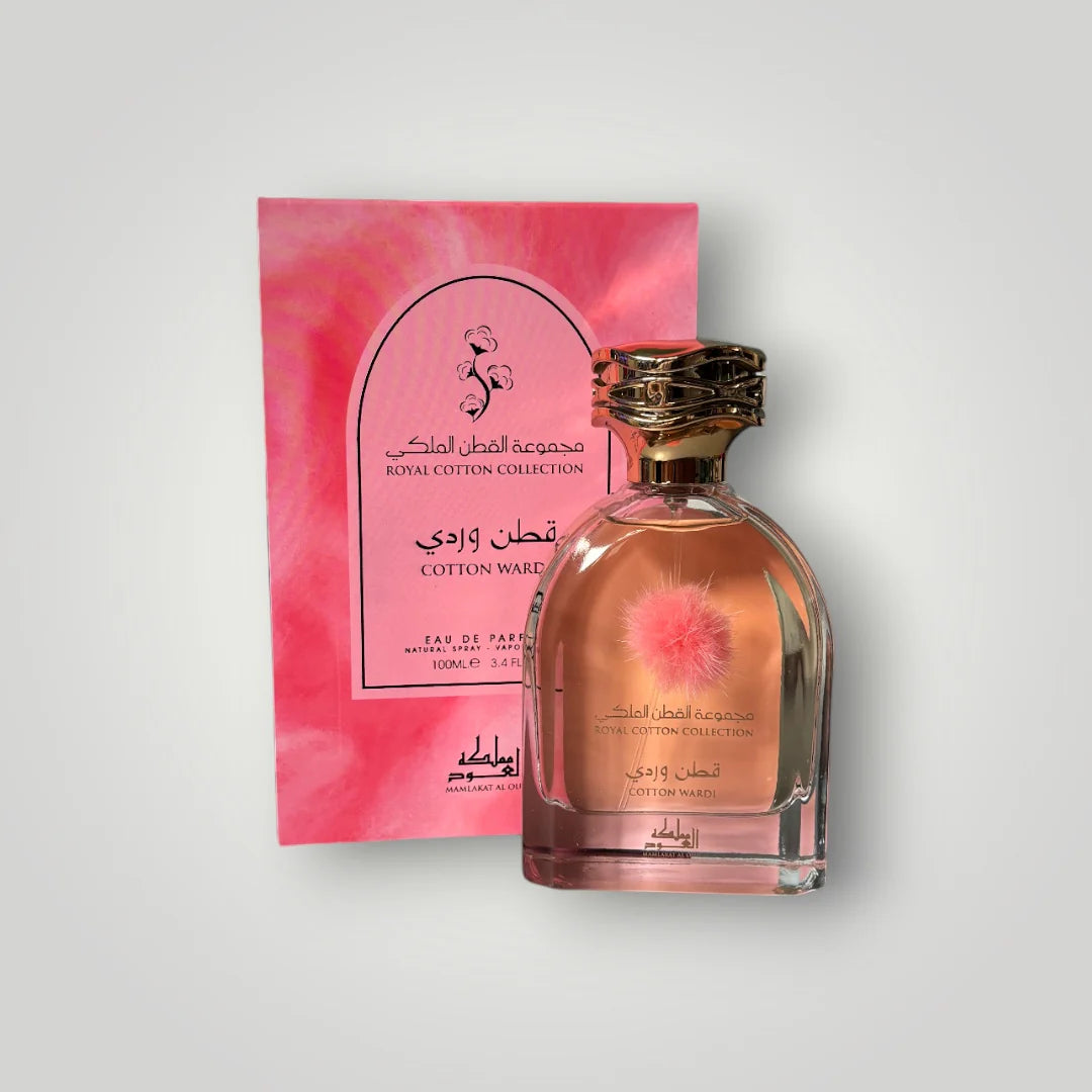 Perfume bottle with pink packaging on a light gray background