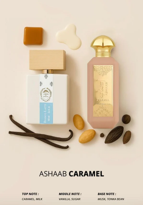 Mamlakat Al Oud Ashaab Caramel perfume close up bottle design luxury scent