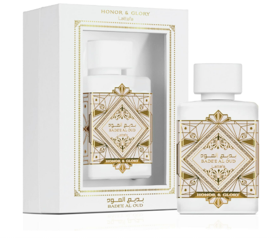 Honor & Glory candle and bottle set with geometric design on a white background