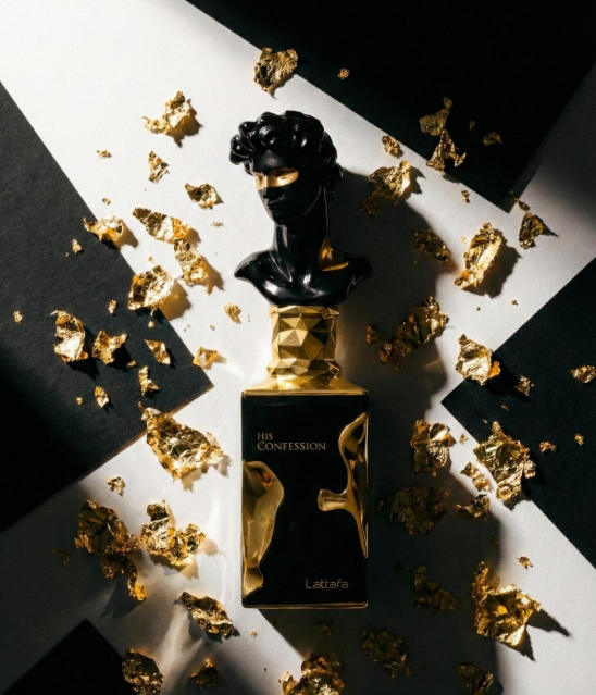 Lattafa His Confession bottle close up luxury design
